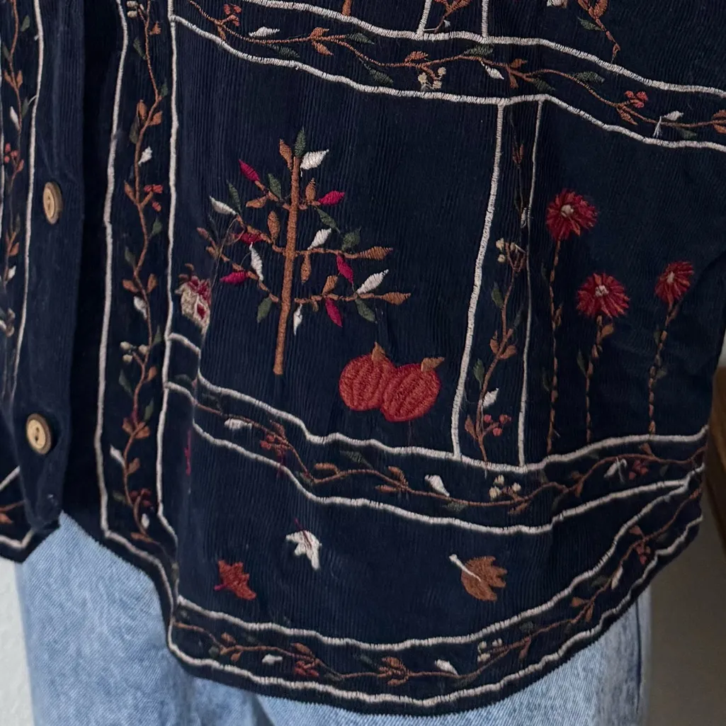 Vintage Navy‎ Corduroy Fall Embroidered Vest Fall pumpkin leaves Birdhouse large Blue - Image 6