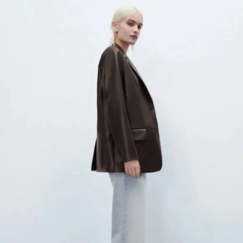 Zara Dark Brown Faux Leather Menswear Style Blazer Blazer Jacket Size L - Image 5