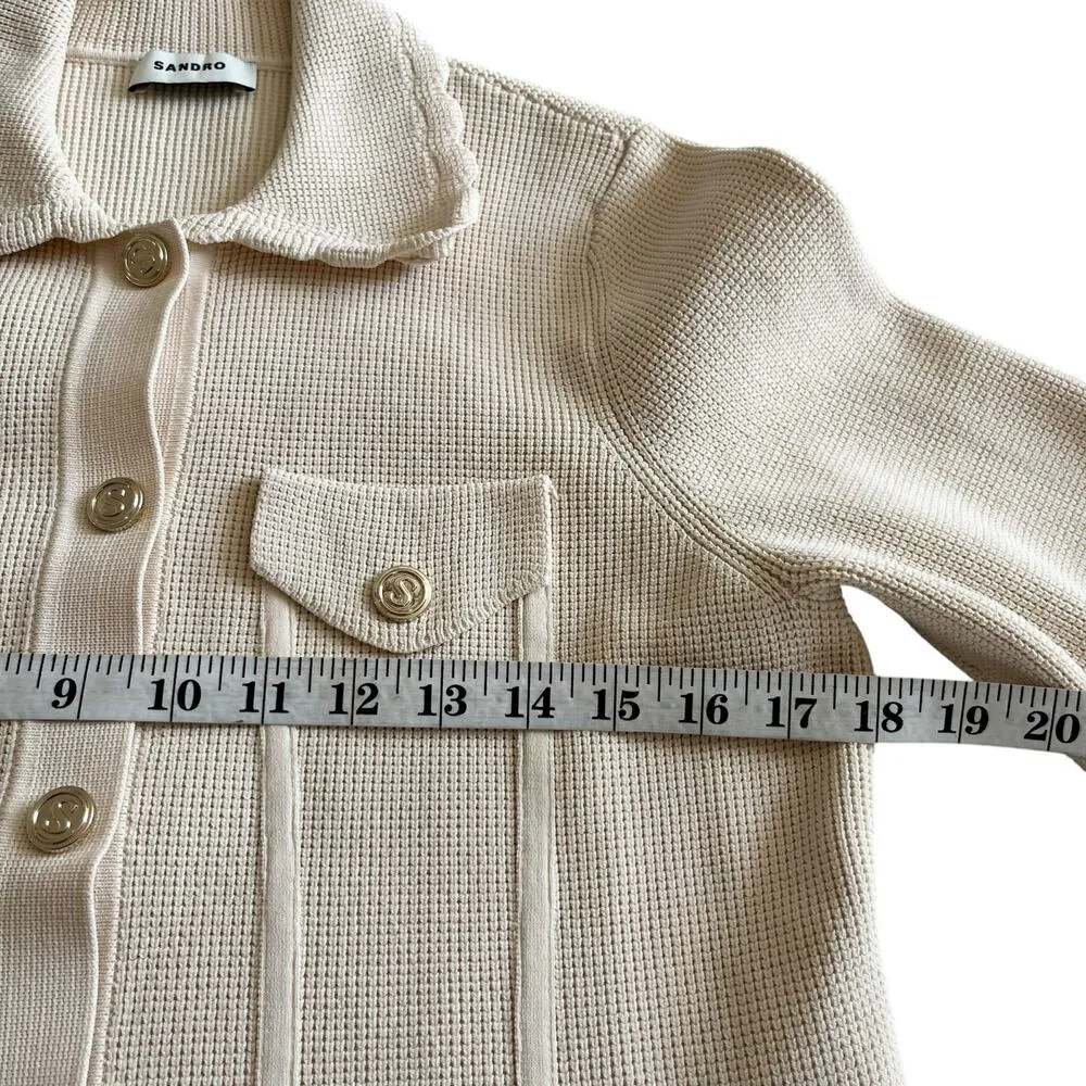 Sandro Paco Cream Waffle Knit Collared Button Front Cardigan Sweater Jacket - Image 7