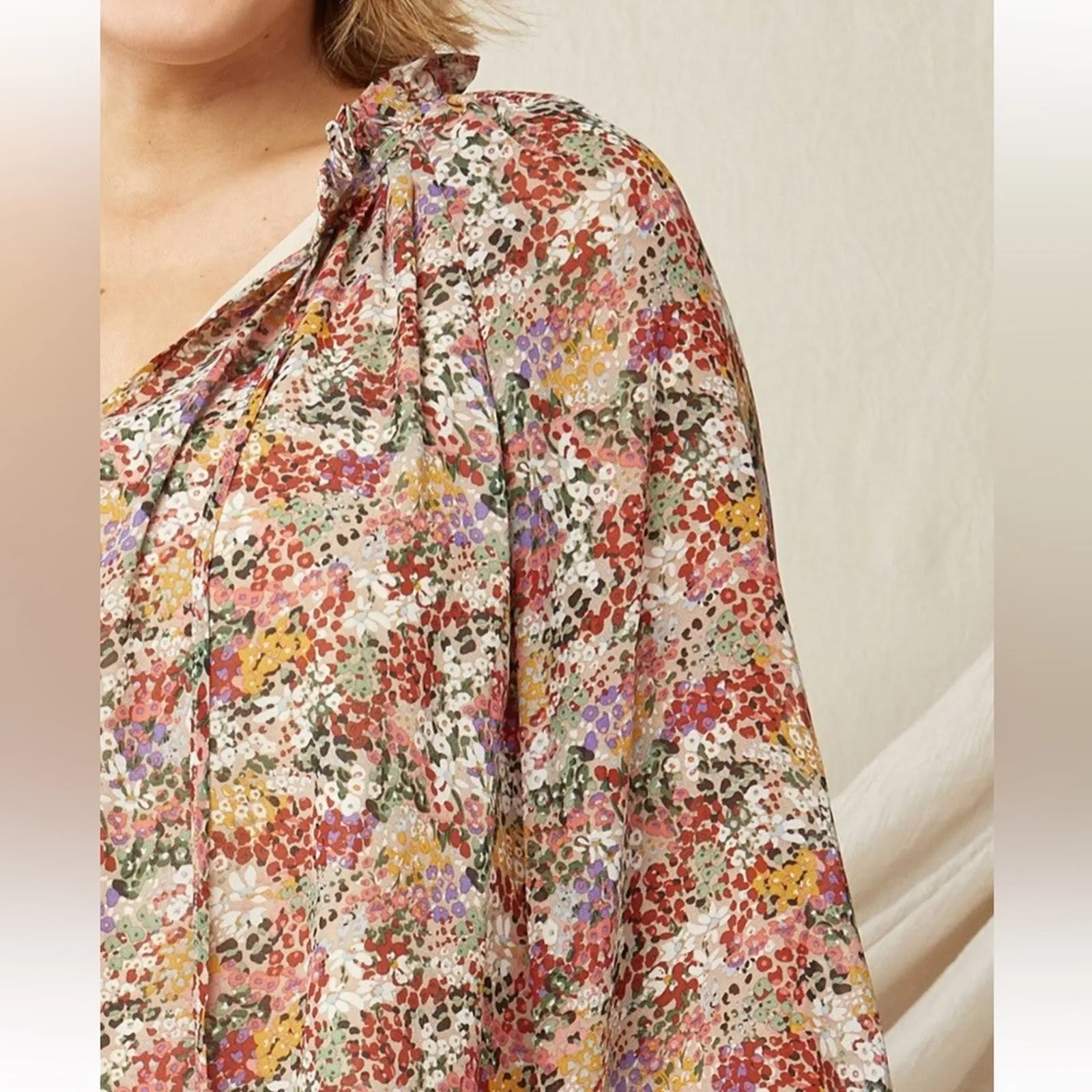 Entro Long Sleeve Top Blouse Fall Garden Ditsy Floral Feminine Tie Ruffle Collar - Image 2