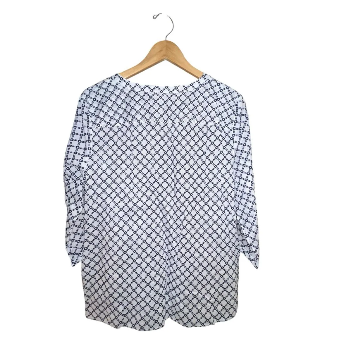 Talbots Petite Navy White Geometric Cotton Blouse 3/4 Sleeve Tunic Women's XLP - Image 4