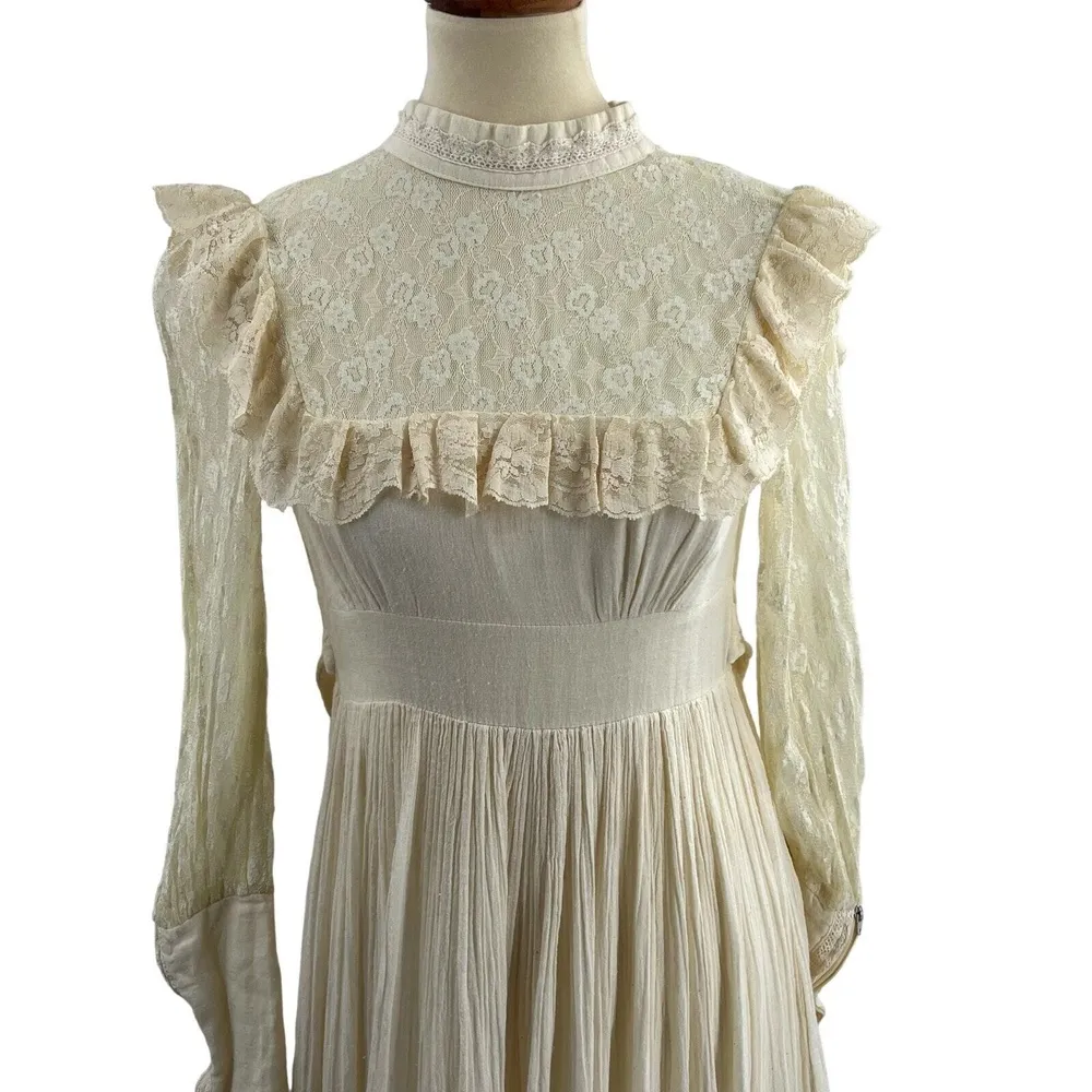 Gunne Sax Dress Vintage 70s Prairie Wedding Cream Lace Gauze Coquette Long Maxi - Image 3