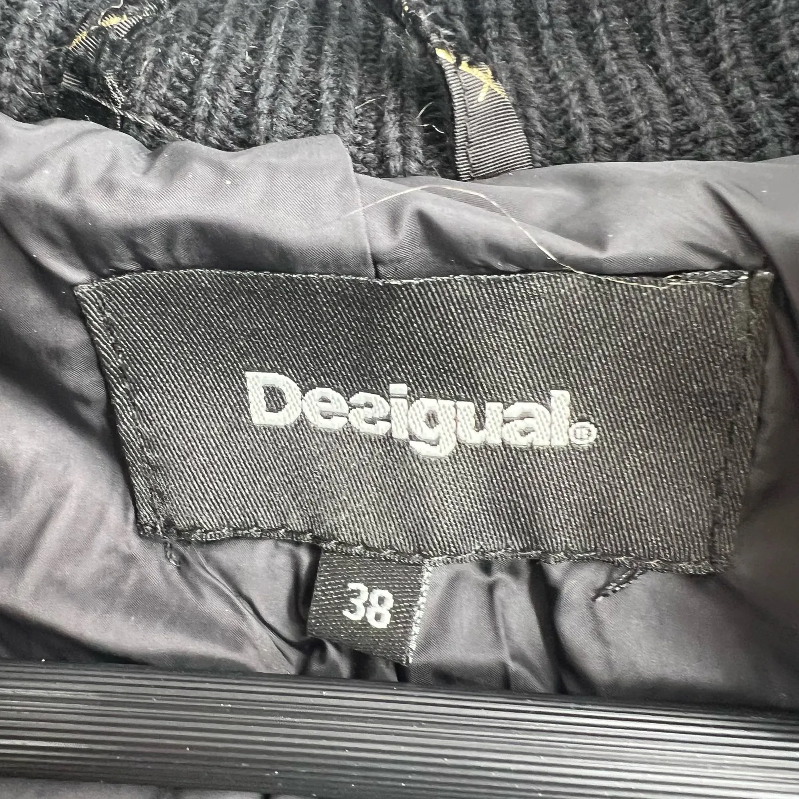 Desigual Parka 4 Black Gold Puffy‎ Sweater Inset Hood Faux Fur New US 4 - Image 12