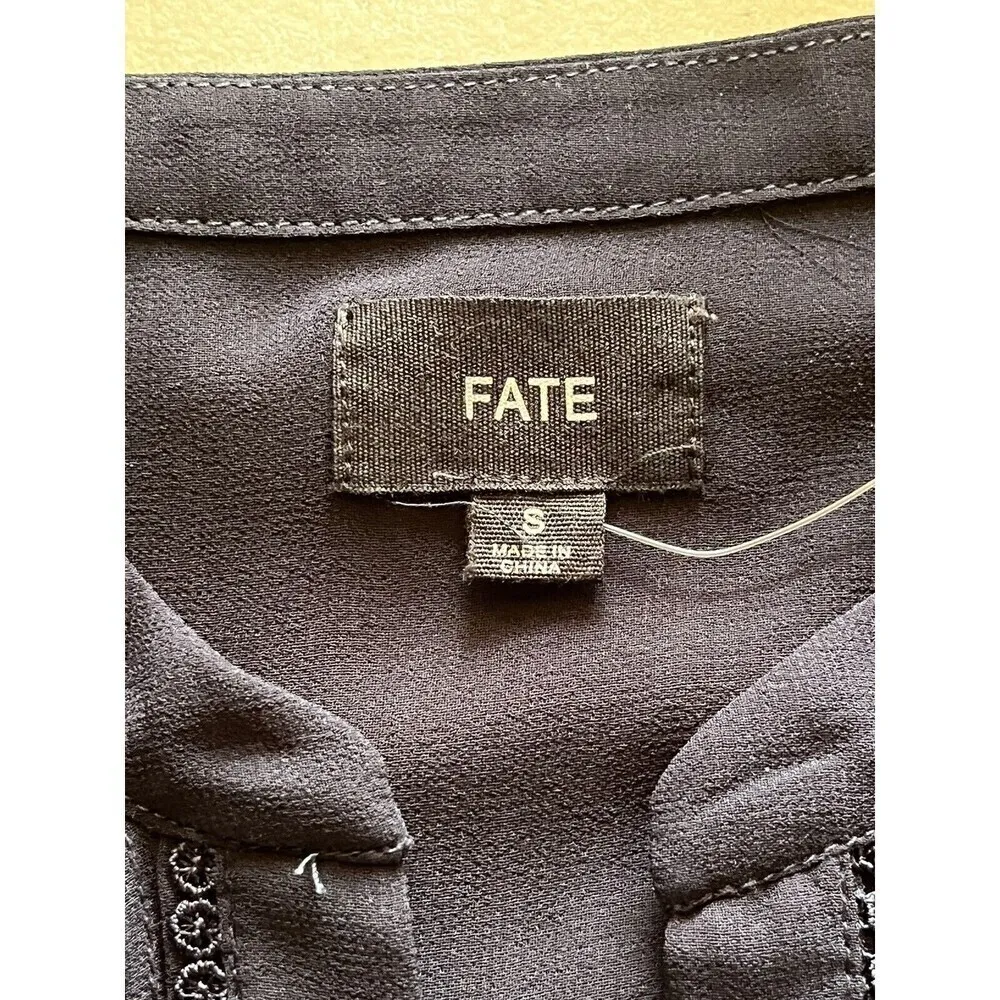 Fate Women’s Navy Blue Sheer Pleated Button Down Blouse Size S Romantic Goth - Image 9