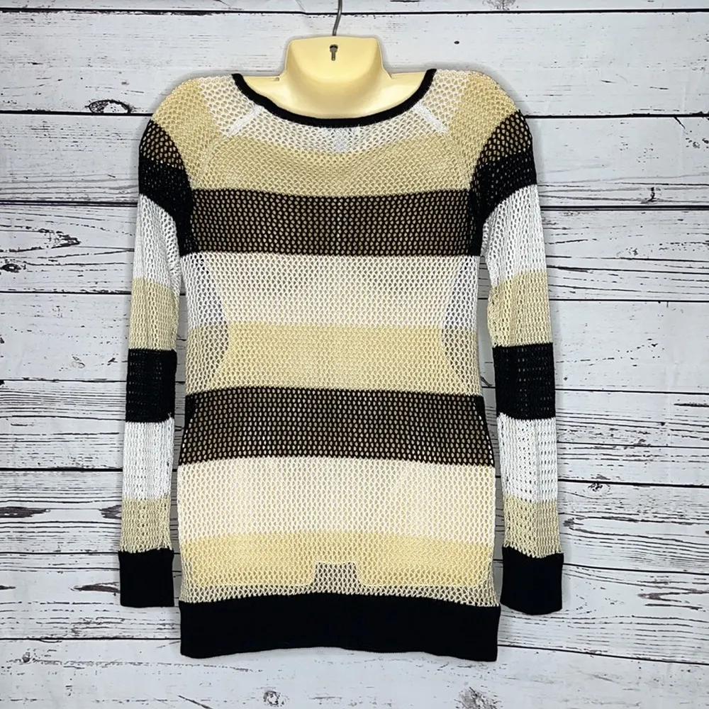 Boston Proper Size M Striped Crochet Open Weave Sweater Top - Image 3