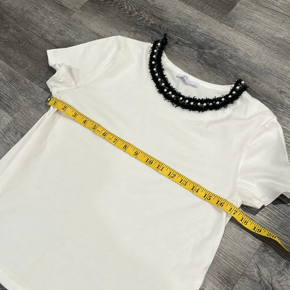 Zara black tweed fringe faux pearl Embellished collar Short Sleeve T-Shirt - S - Image 6