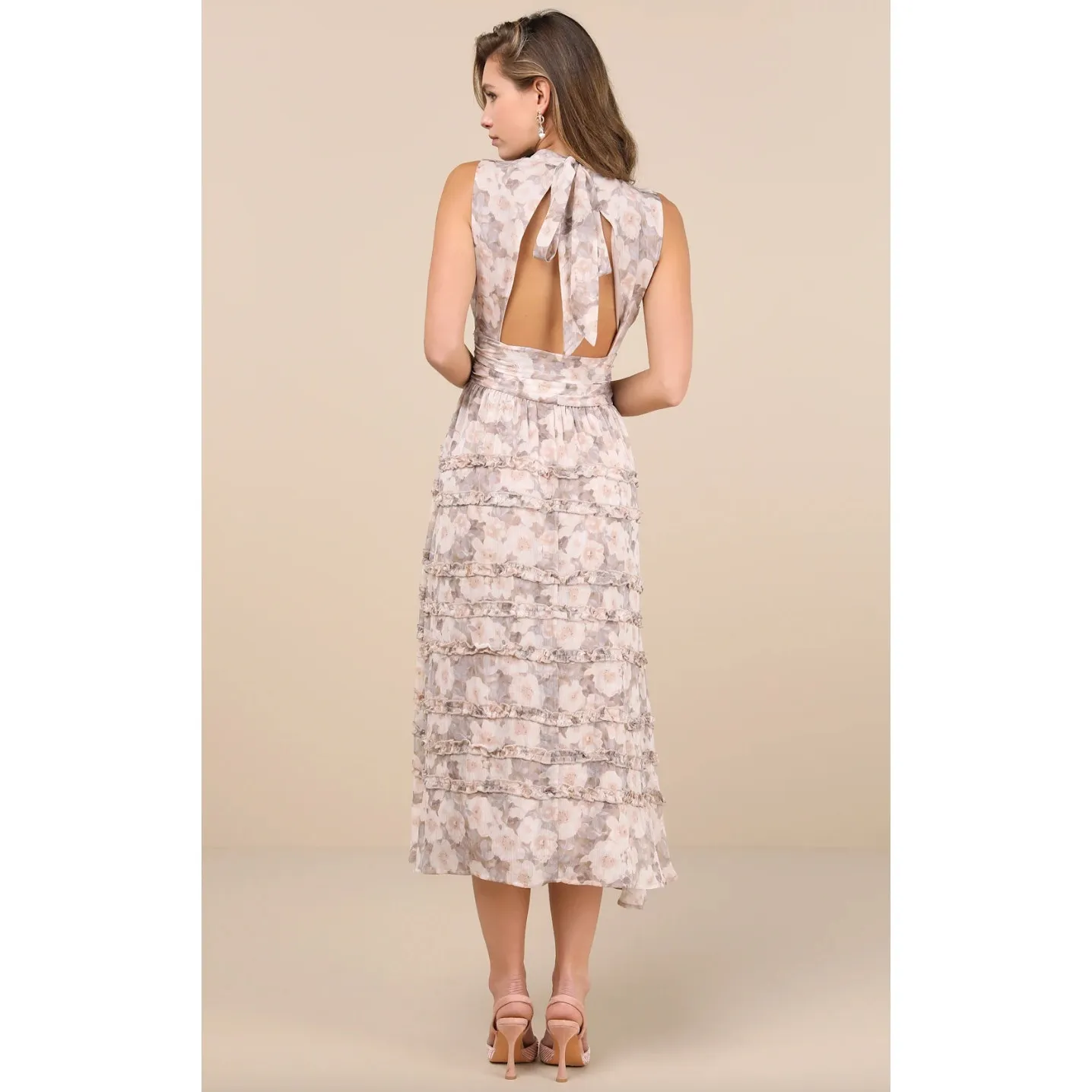 Lulus Happily Sweet Beige Floral Mock Neck Backless Midi Dress Cocktail S NWT Tan - Image 2