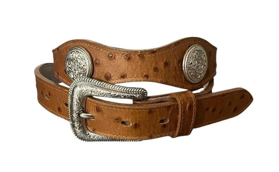 Nadim Genuine Leather Ostrich Silver Medallions #3205 Sz 30 Belt & Buckle Tan - Image 2