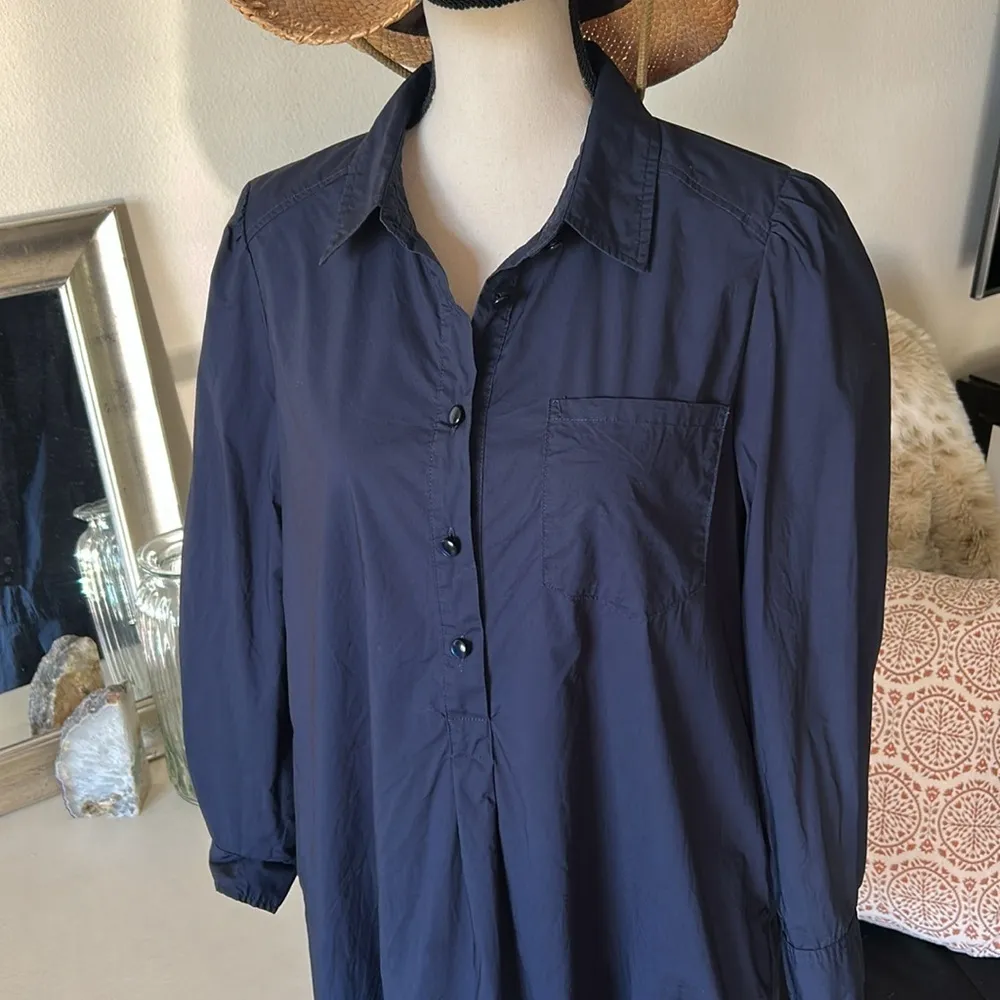 Cynthia Rowley navy 100% cotton pop over long sleeve shirt dress ruffle hem M‌ - Image 2