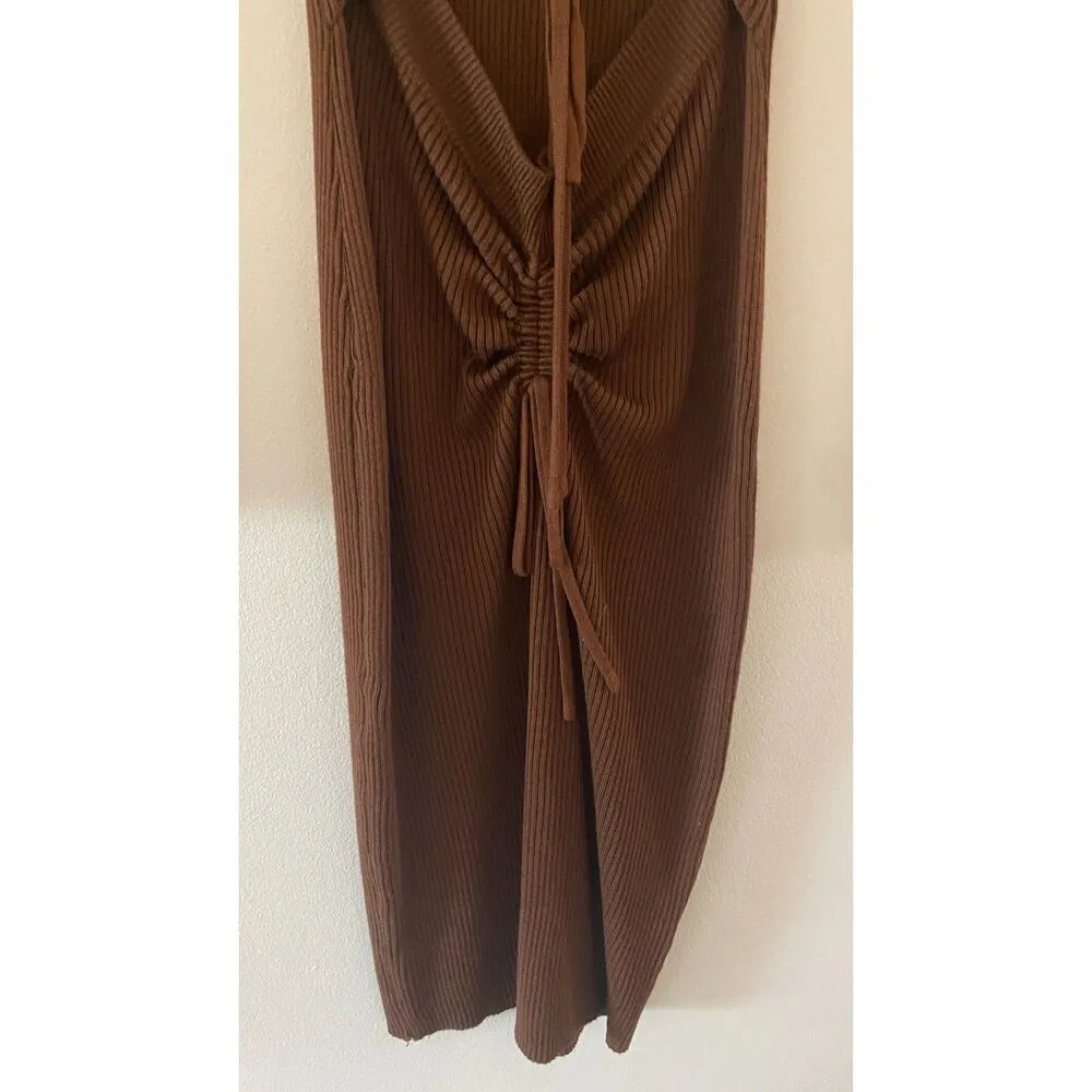 Almost Famous Brown Cutout Tie V Neck Dress Cinched Women's Sz Small - Image 3