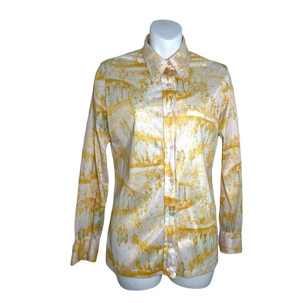 Vintage 1970s Vera Button Down Geometric Long Sleeve Shirt M Saffron Marigold Orange Size M - Image 6