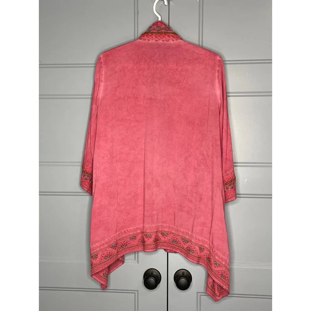 Andree by Unit  Pink Open Front Kimono Topper Embroidered Trim Size Large - Image 5