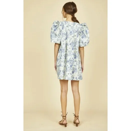 Hunter Bell Jenkins Gardenia Mini Dress Floral Blue and Beige Puff Sleeves Large - Image 2