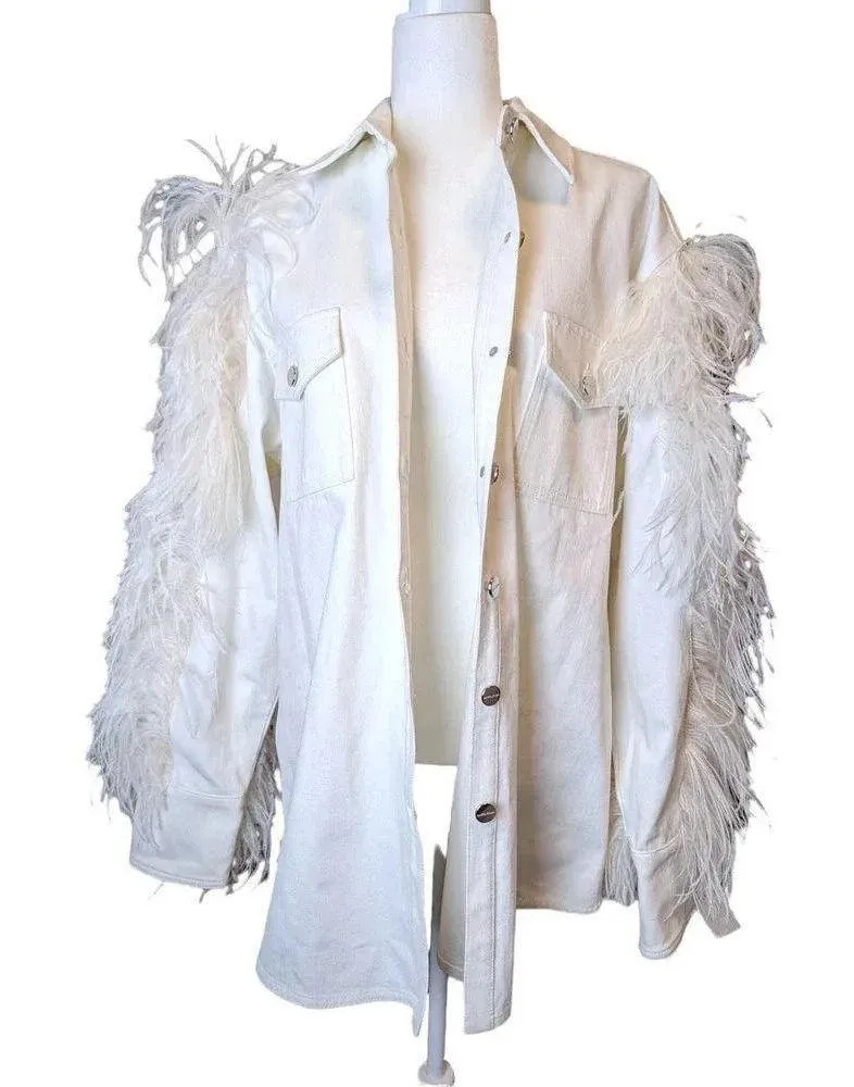 David Koma Ostrich Feather Oversized Denim Jacket Dress Bridal bachelorette White Size 10 - Image 13