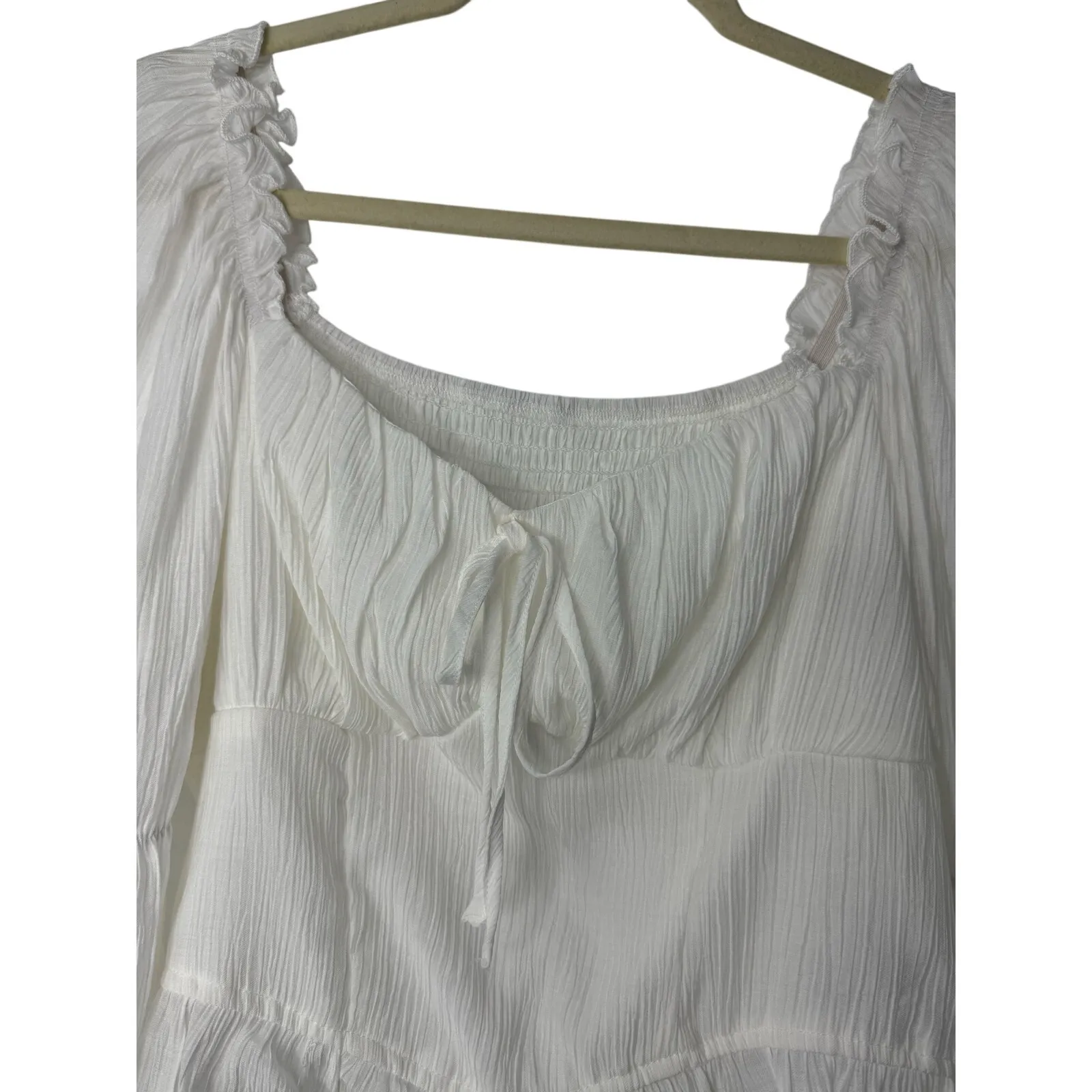 SHEIN MOD White Puff Sleeve Tie Front Smocked Crop Top L Cottage Milkmaid NWT - Image 4