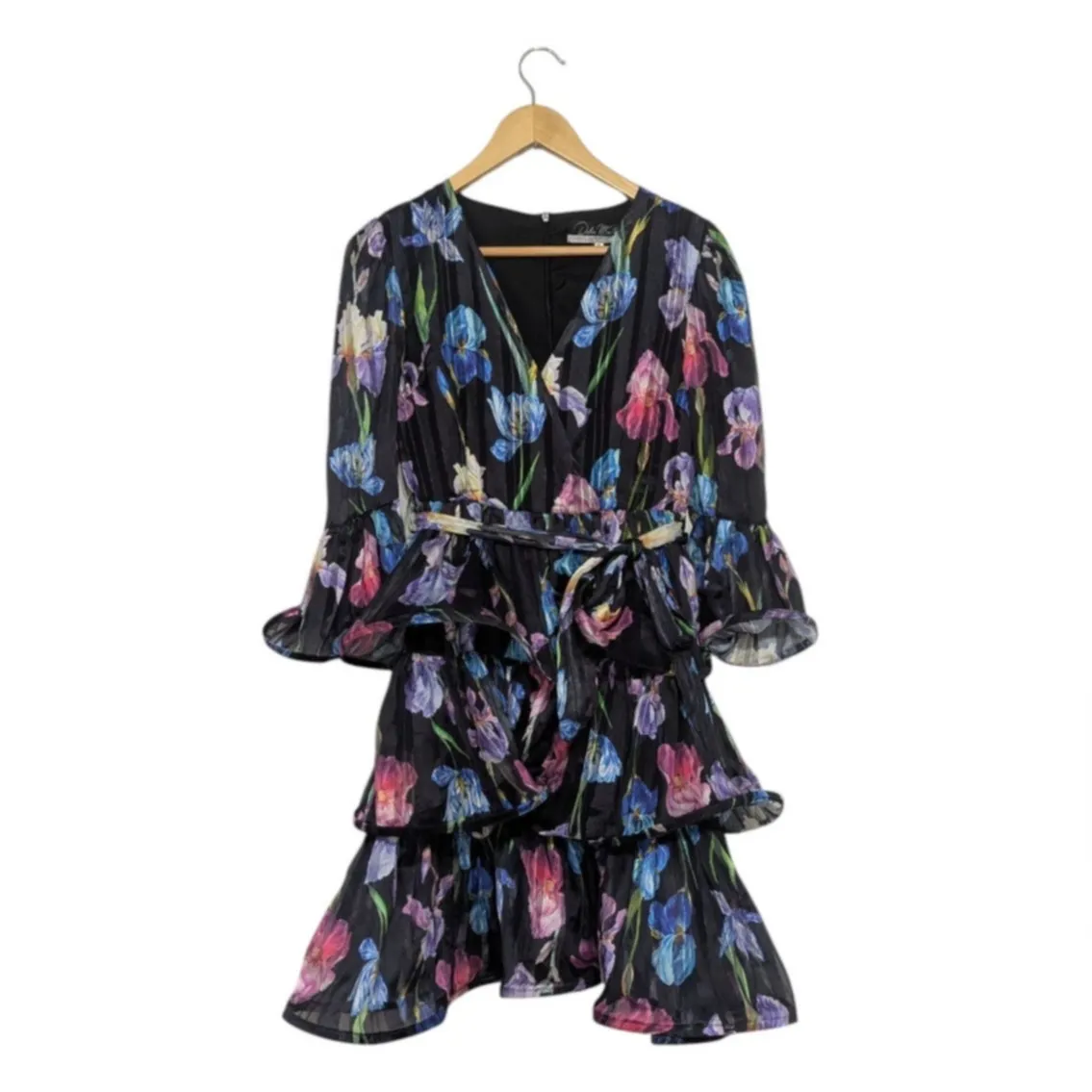 Dalia MacPhee Floral Ruffle Wrap Mini Dress V Neck Tiered Layered 3/4 Sleeve Black - Image 2