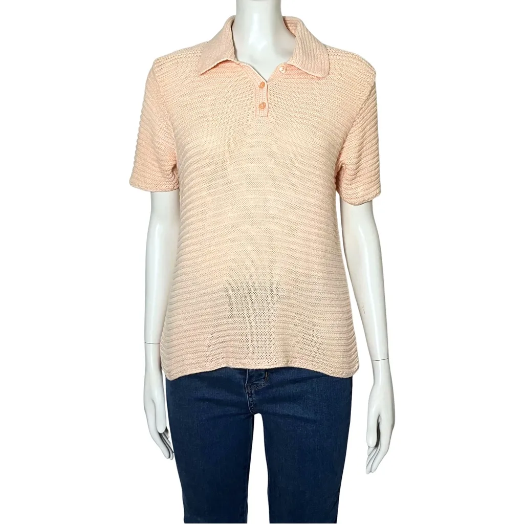 Vintage 80s Liz Claiborne Peach Linen Cotton Blend Knit Polo. S/M. Preppy Retro - Image 3