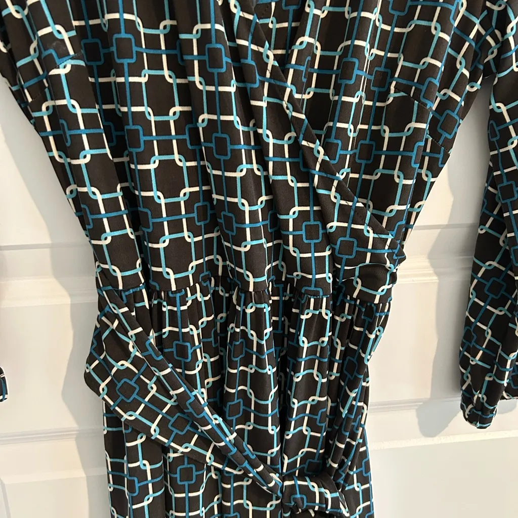 Talbots Wrap Dress Black Blue Geometric Print Size 12 - Image 3