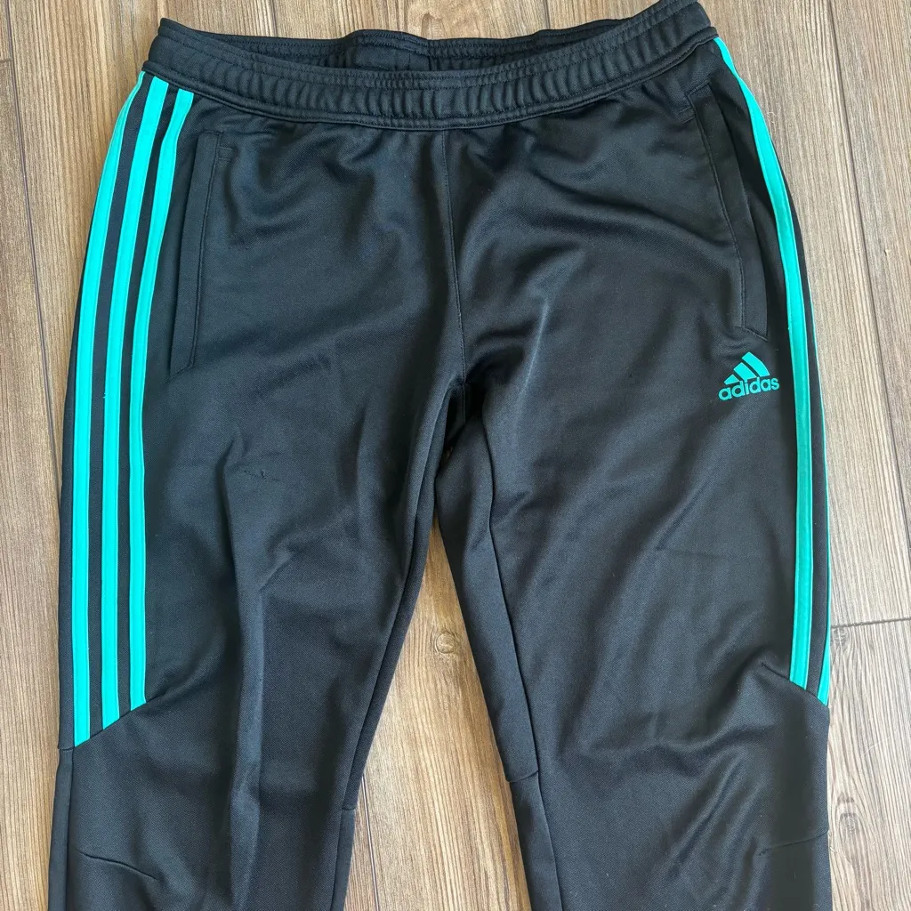 Adidas Black Track & Soccer Sweatpants with Blue / Green Stripes Size M - Image 2