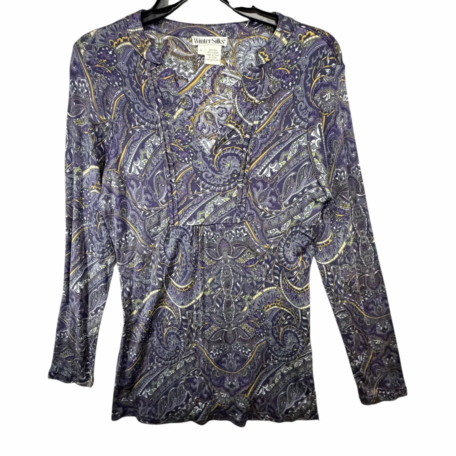 Winter Silks Y2K Babydoll Top L Purple Paisley Silk Blend Feminine Boho Blouse Size L - Image 3
