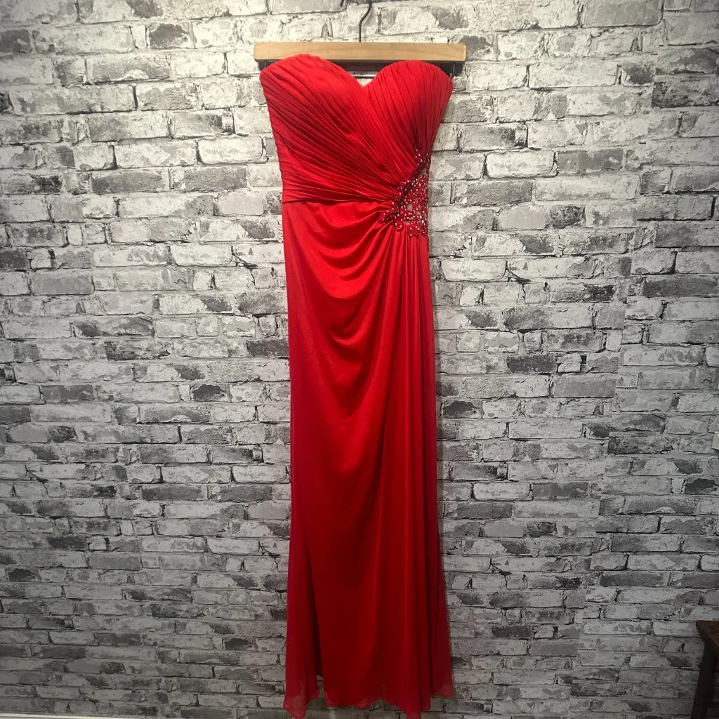 EUC Xscape Strapless Beaded Cut Out Back Prom Dress Size 0 (Red) STYLE# XS6876 - Image 3