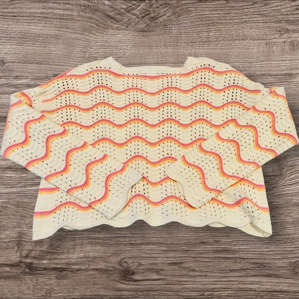Sincerely Jules Knit Sweater Medium Cream Rainbow Wave Crochet Boho Beachy Pink - Image 2