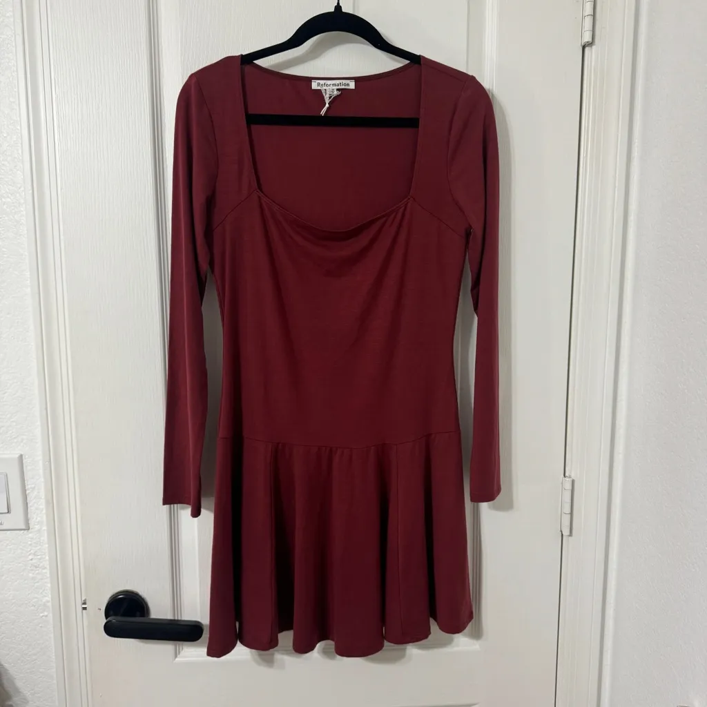 Reformation Coen Jersey Knit Long Sleeve Square Neck Mini Dress Chianti Medium - Image 5
