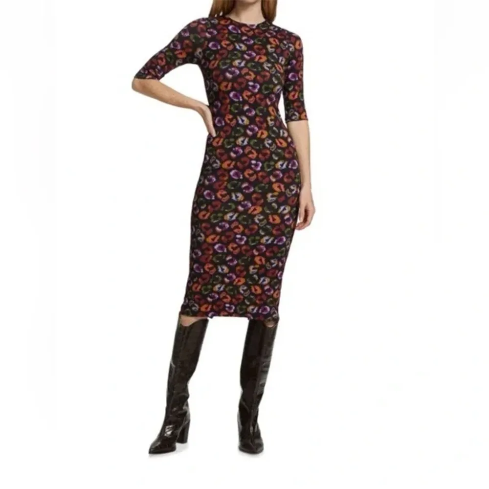 FARM RIO XS Ikat-Dyed Leopard Print Jersey Dress In Multi NWT - Image 3