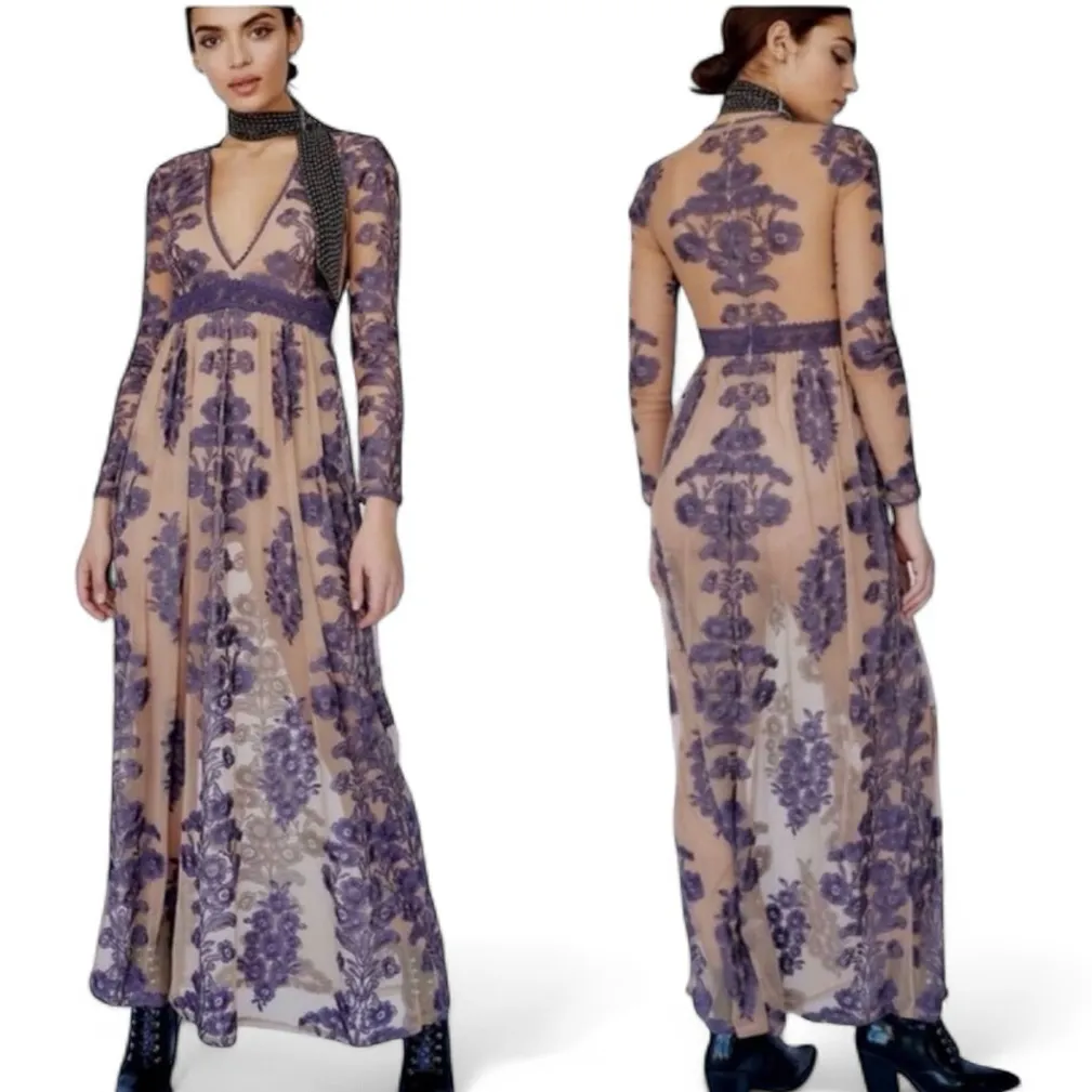 FOR LOVE & LEMONS TEMECULA MESH PURPLE NUDE MAXI LONG SLEEVE EMBROIDERED DRESS M - Image 3