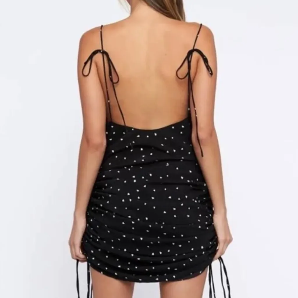 LIONESS by PRINCESS POLLY Black White Heart Print Ruched Midi Slip Dress XS - Image 4