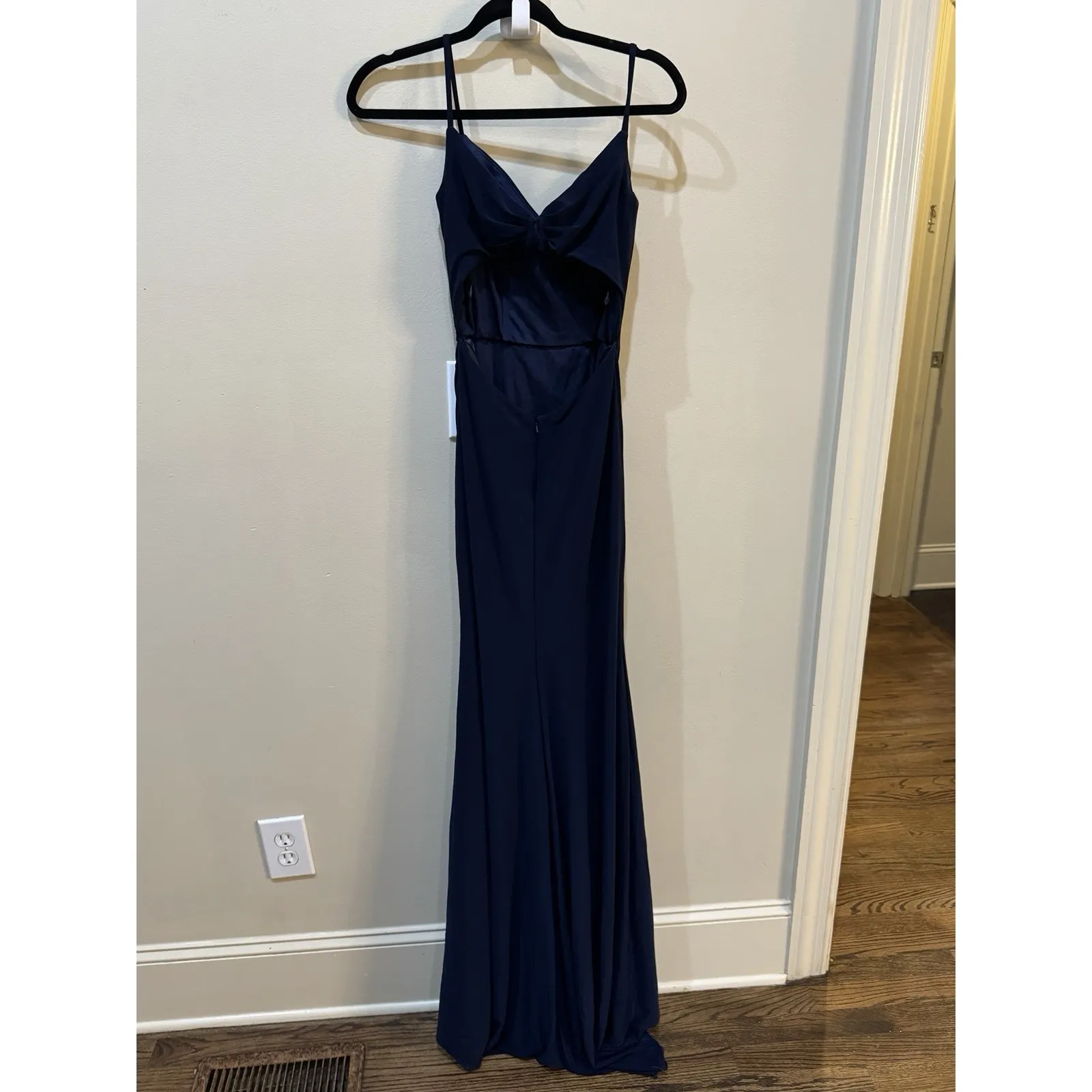 New La Femme 28079 Side wrap Jersey Gown In Navy‎ Size 2 Cutout Back - Image 4