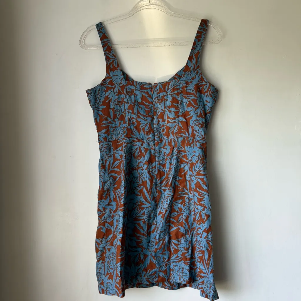 Madewell Blue Brown Floral 100% Linen Sweetheart Mini Dress 4 - Image 10
