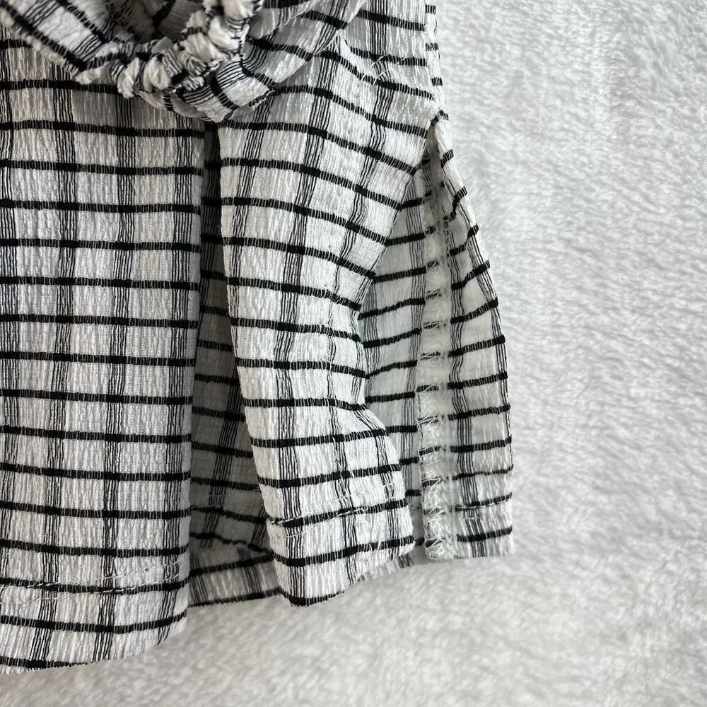 Max Studio 1X Top V-Neck Blouse Tie Neck Crepe White Black Plaid 3/4 Sleeve - Image 4