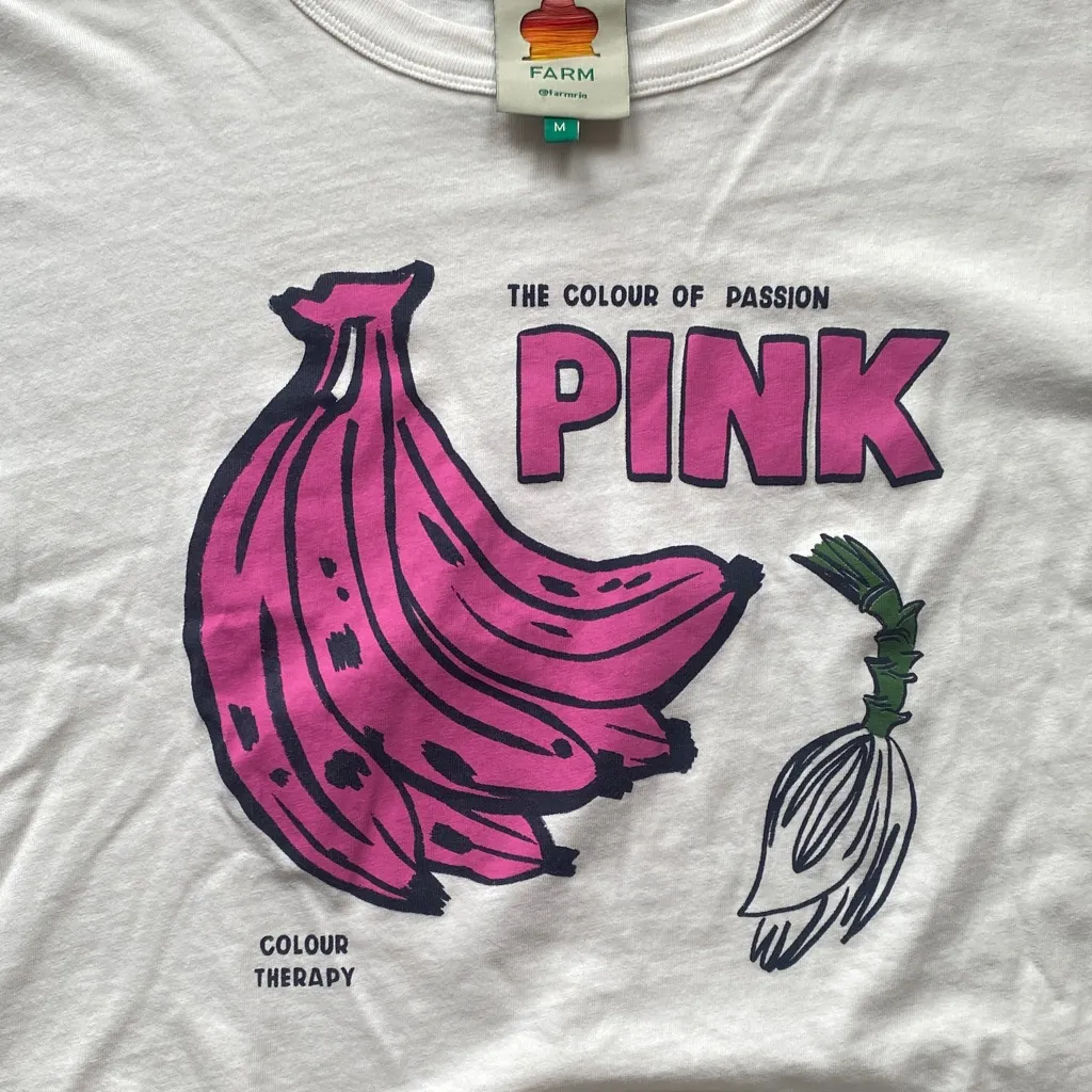 Farm Rio Pink Bananas Color Therapy Graphic Tee Off-White Cotton Women’s Medium - Image 3