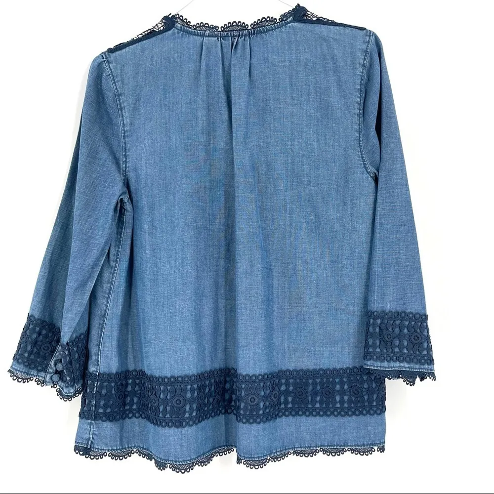 Anthropologie Holding Horses Chambray Pleated Eyelet Boho Crochet Top - Image 6
