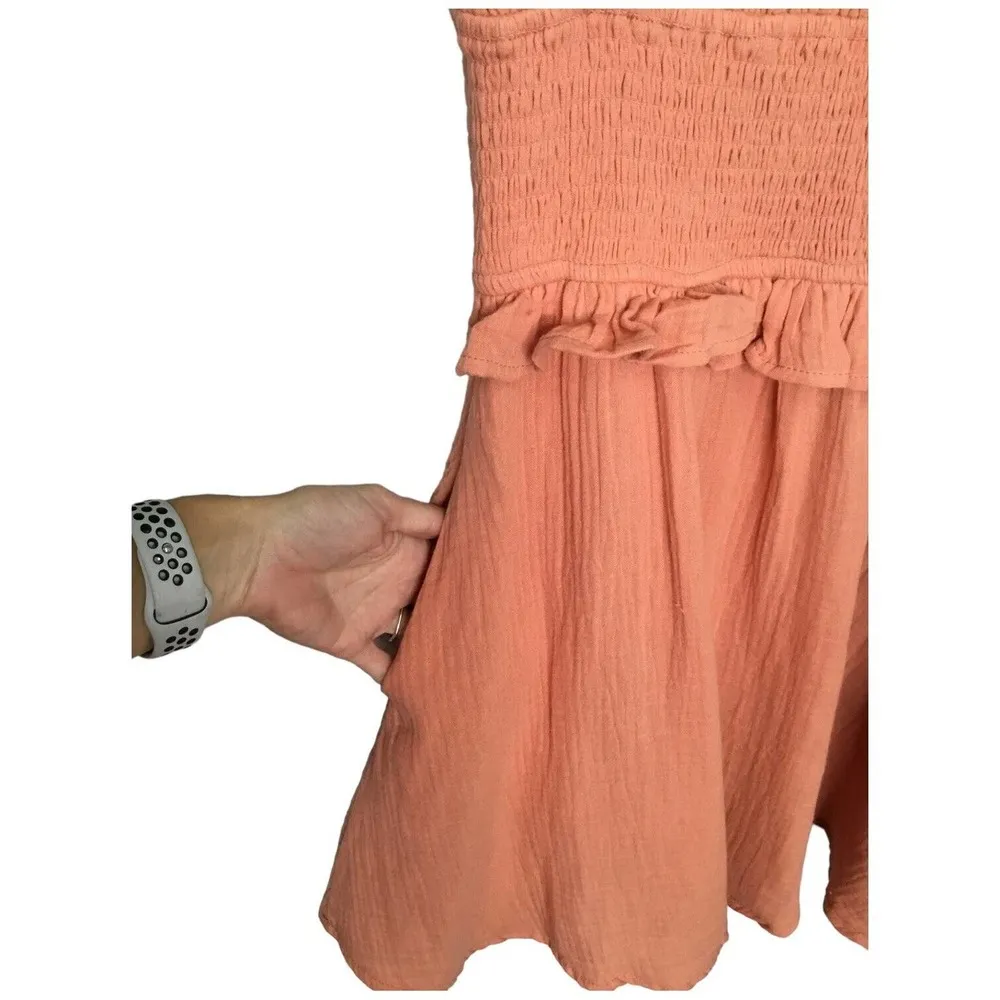 Socialite Smocked Waist Ruffle Strap Sleeveless Cotton Mini Dress Coral S - Image 5