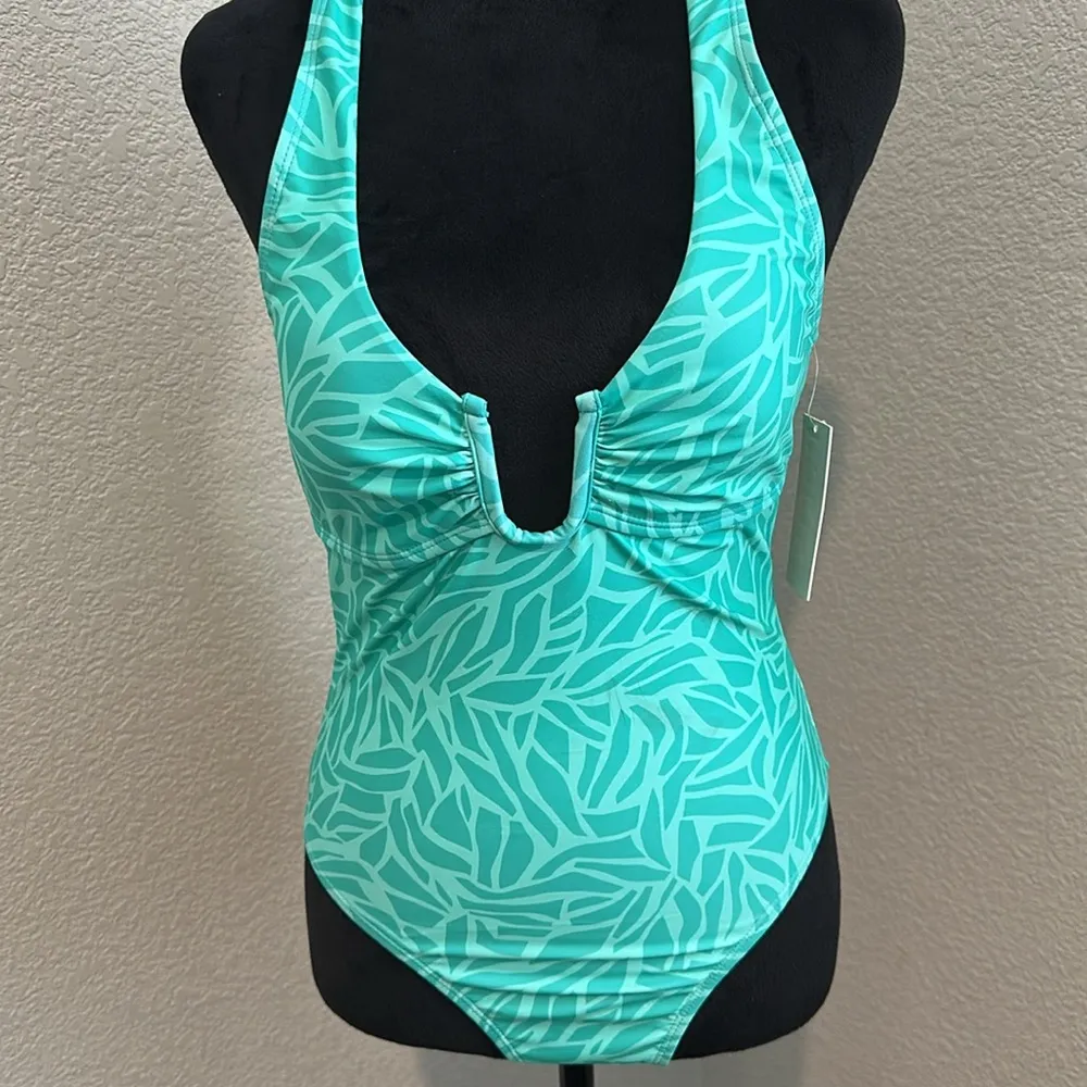 Dorina Turquoise Leaf Print Halter swimsuit w/ Sarong Blue - Image 5