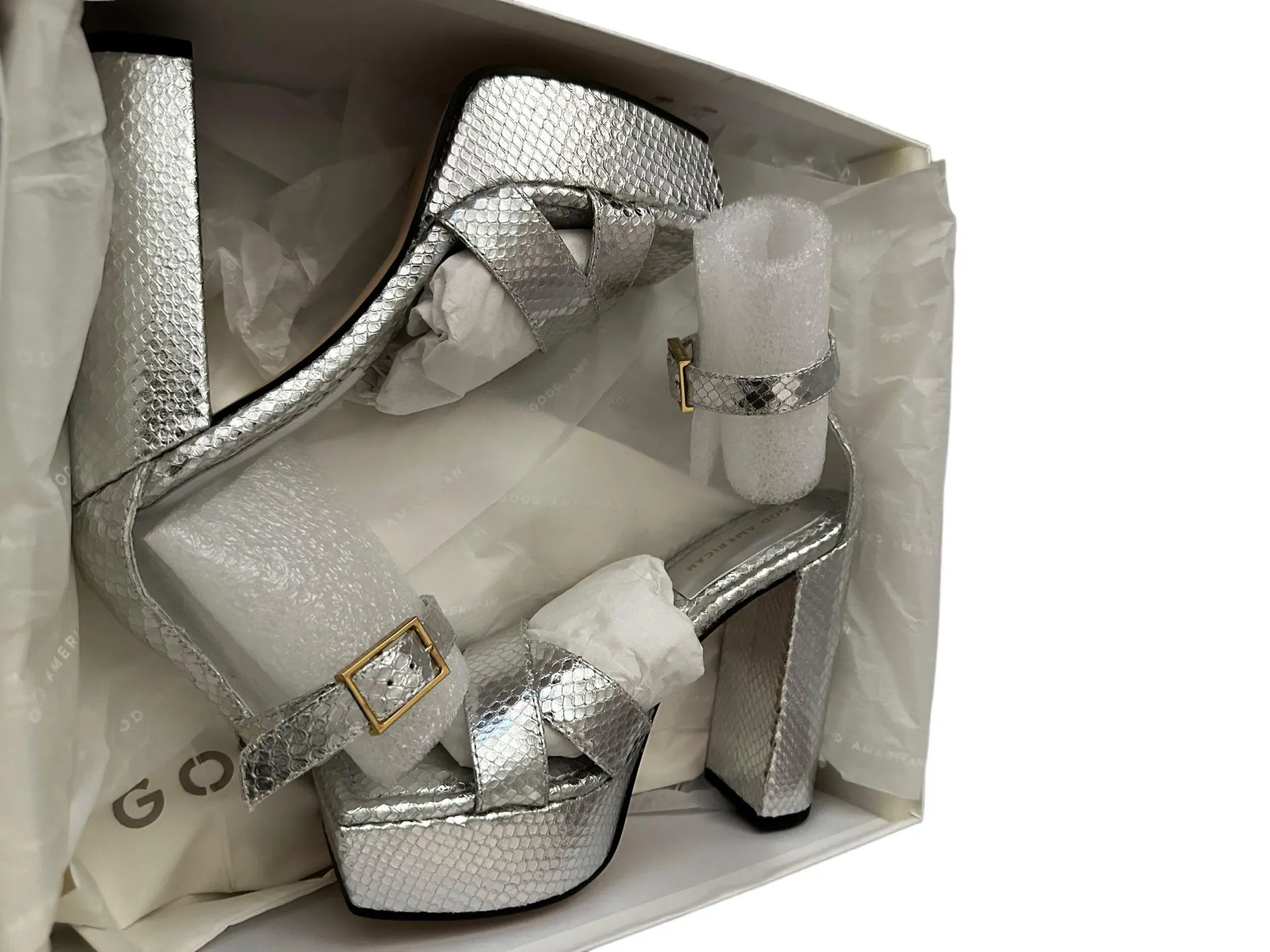 SNAKE EMBOSSED PLATFORM HIGH BLOCK HEEL SANDALS size 7.5 - Image 7