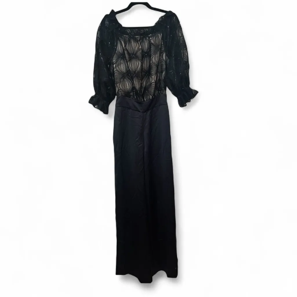 Ramy Brook NWT Sample Lace Sequin Satin Palazzo Jumpsuit Size Small Off Shoulder - Image 3