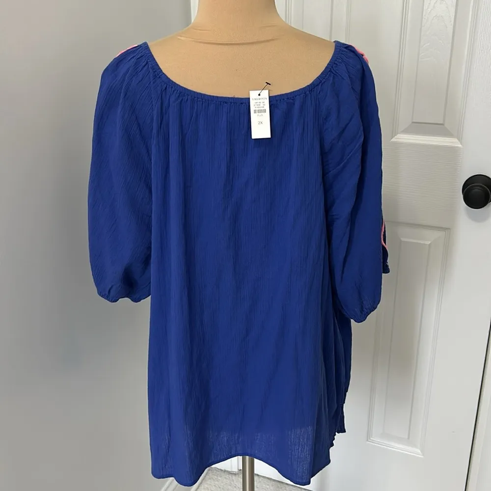 Talbots Blue Crinkled Gauze Embroidered Top - Image 3
