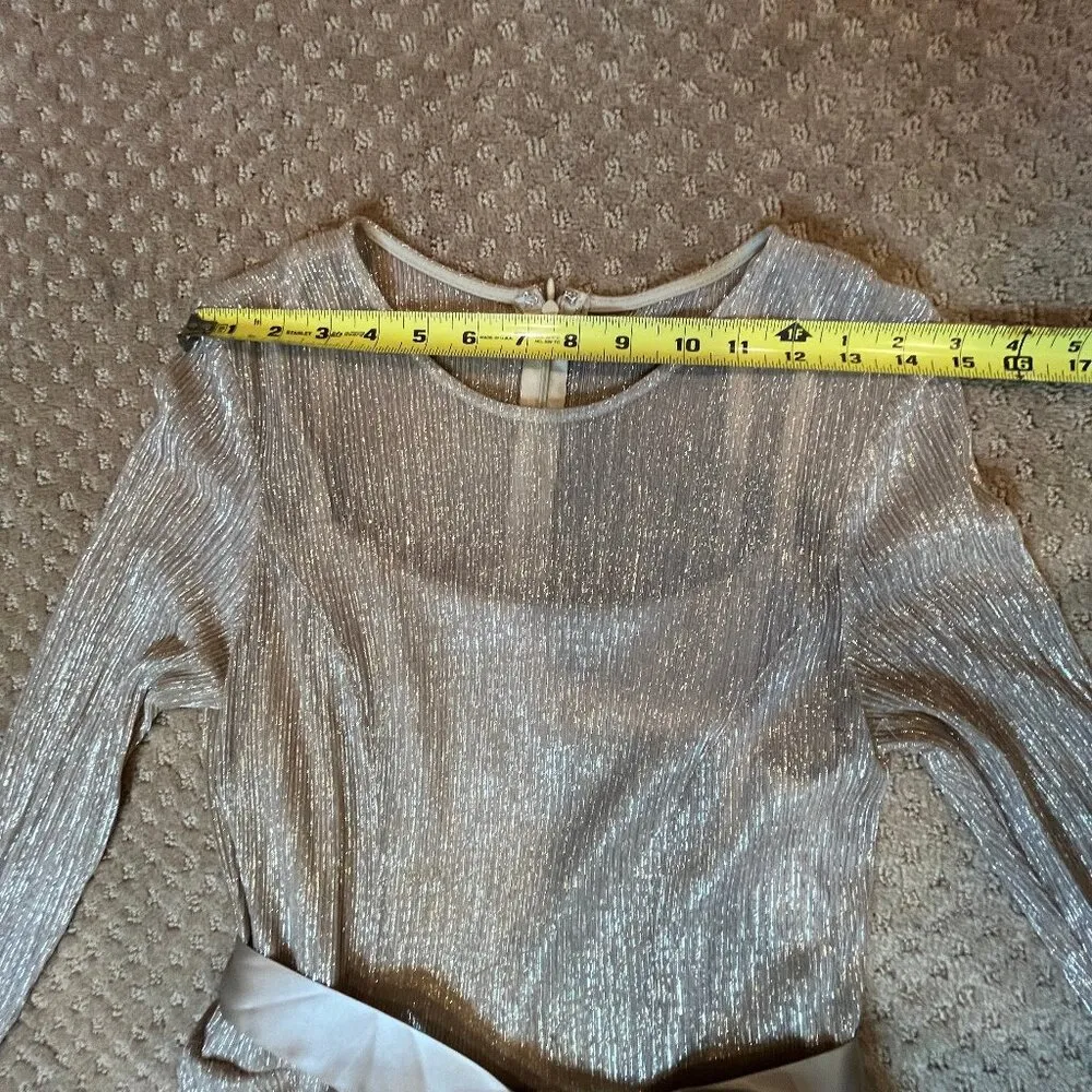 Gold Metallic Peplum Gown Dress Formal Gala SZ 12 MOTB Maxi Belted Elegant LS - Image 6