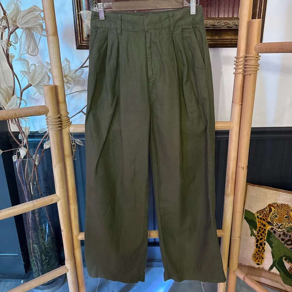 Gap Pleated Linen Cotton Trouser Pants in Olive Green Sz 4 💚🍄 - Image 3