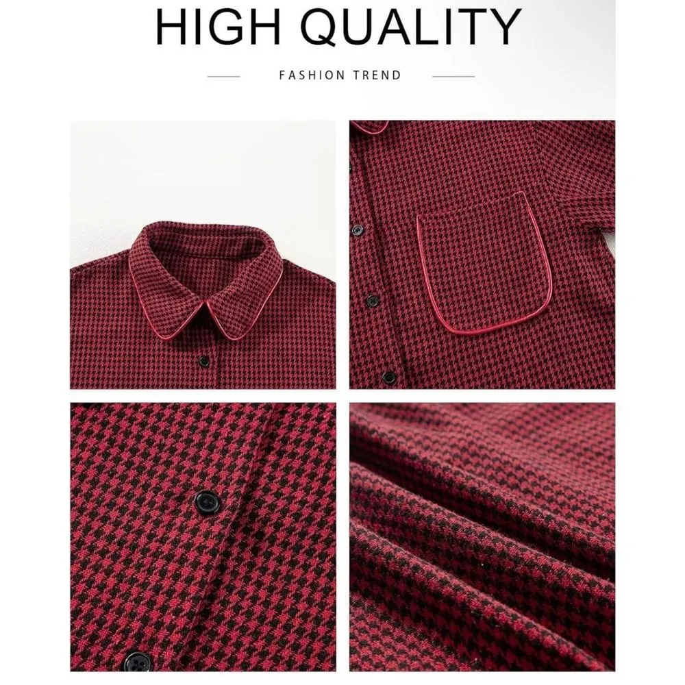 NEW Houndstooth Shacket Jacket Long Sleeve Button Down Shirt XL Red - Image 6