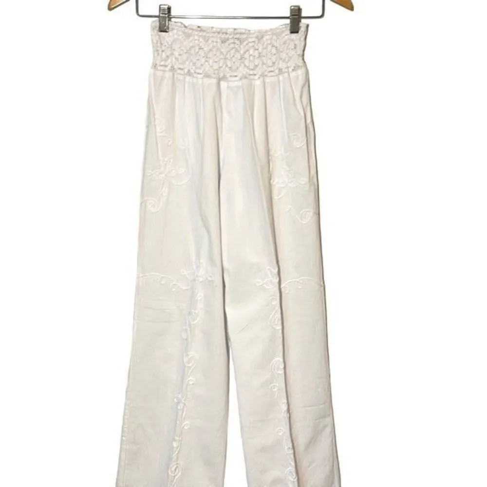 Giocam Womens Wide Leg Pants Elastic Lace Waist Embroidered Pocket White Large - Image 3