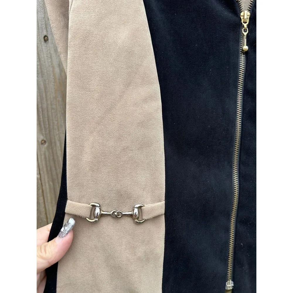 donna ricco sport Faux Suede Zip Up Vintage Jacket Metal‎ Detailing Tan Black 16 - Image 5