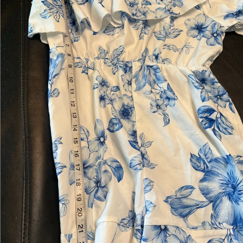 SHEIN Blue and White Asymmetrical Ruffled Romper - Image 11