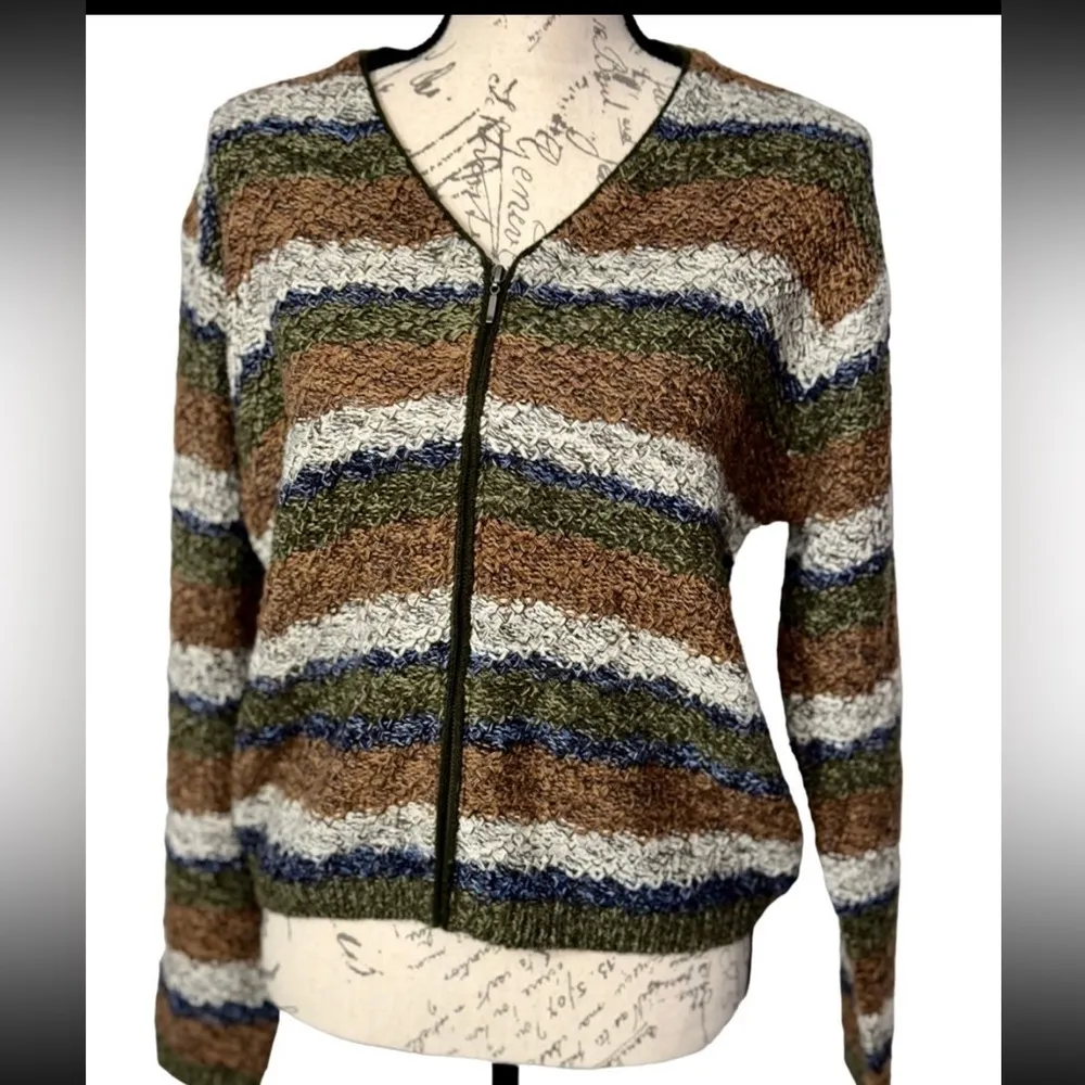 Vintage Hand Knit Open Front Cardigan Sweater With Zipper Detailing + Stripes Brown Size M - Image 3