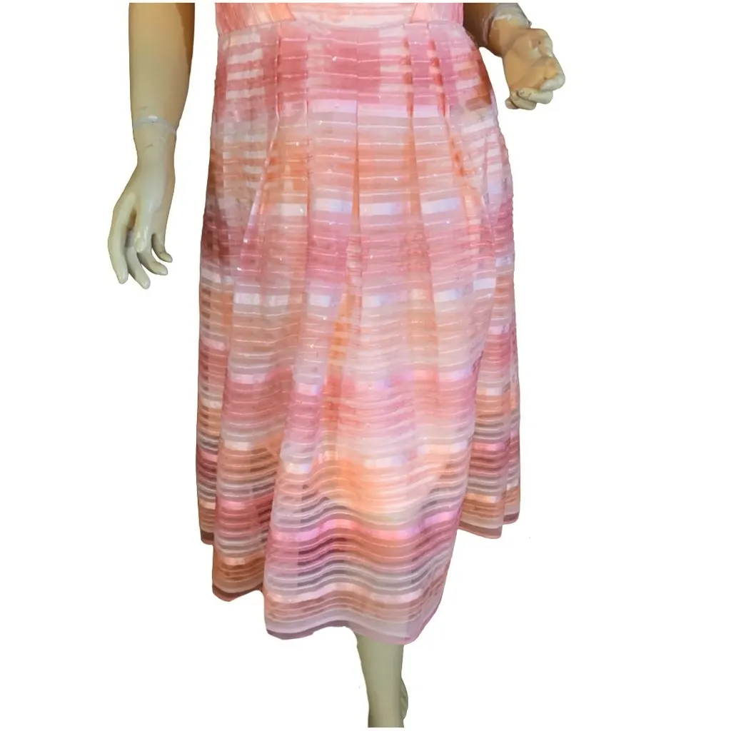 VINTAGE 1960'S PINK CHIFFON OMBRE STRIPED PARTY DRESS WITH SEQUINS (M) Size M - Image 8