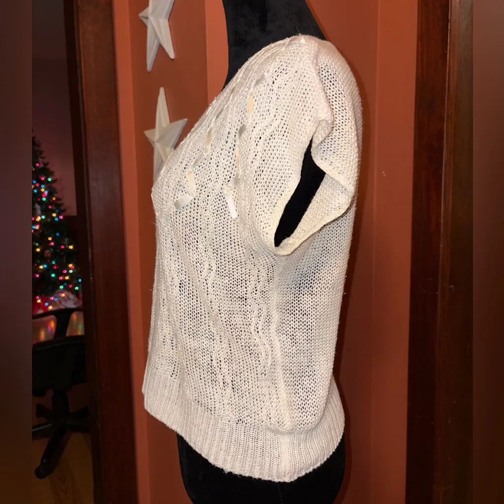 80’s Cream Knit Short Sleeve Sweater White - Image 5