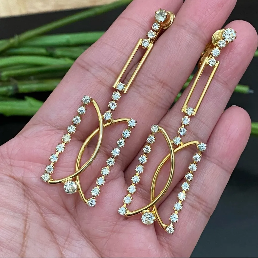 Unsigned Gold & Rhinestone Crystals Clip Dangling Earrings - Image 3